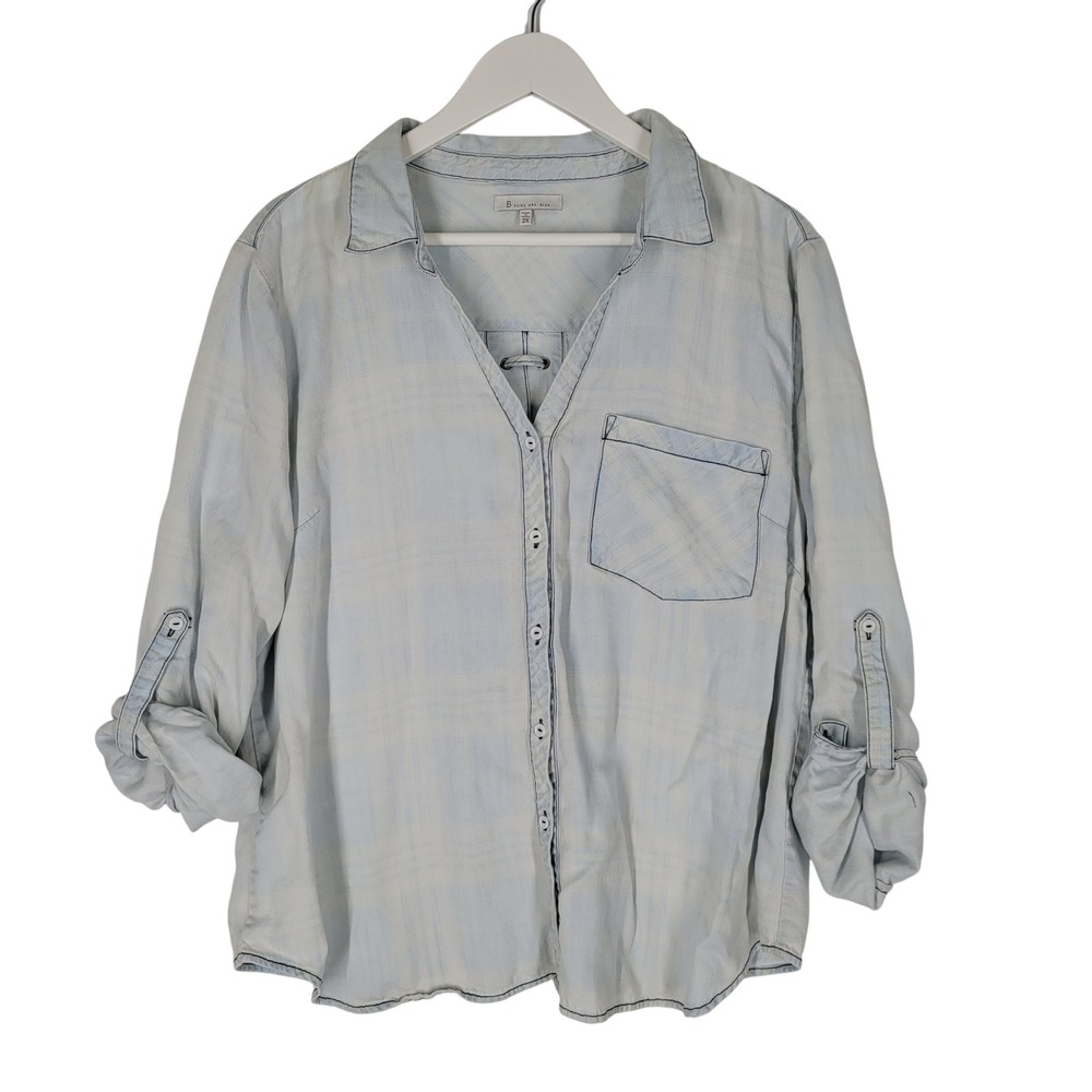 Skies Are Blue Button Down Shirt Women 2X Light Blue Plaid Lace Up Back Roll Tab